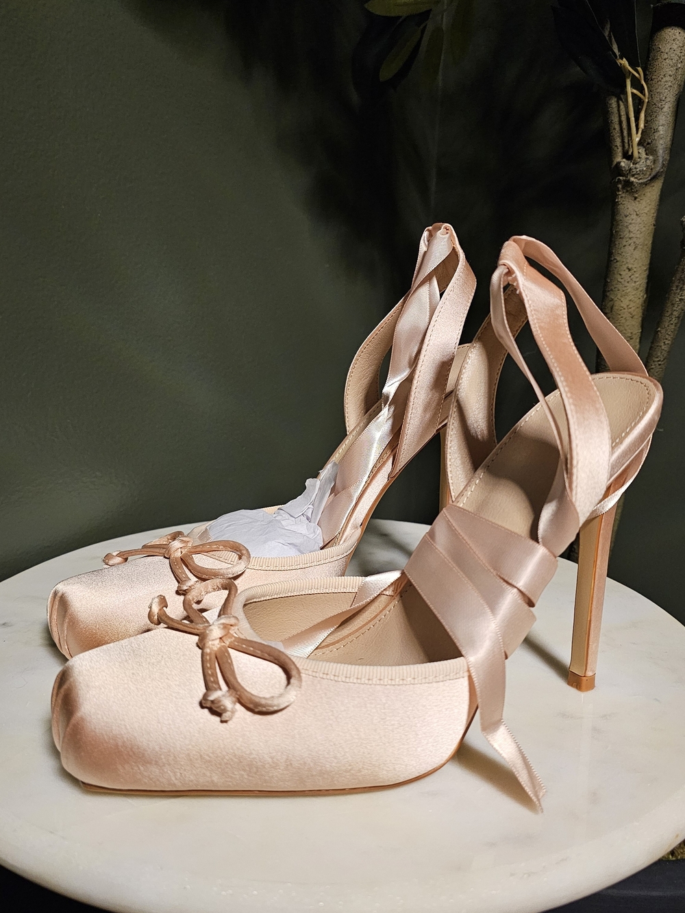 Satin Ribbon Tie Platform Pumps - Blush Pink